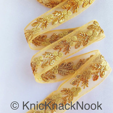 Beige Net Lace Trim With Beautiful Red / Beige And Gold Floral Embroidery, Embroidered Lace, Approx. 30mm wide